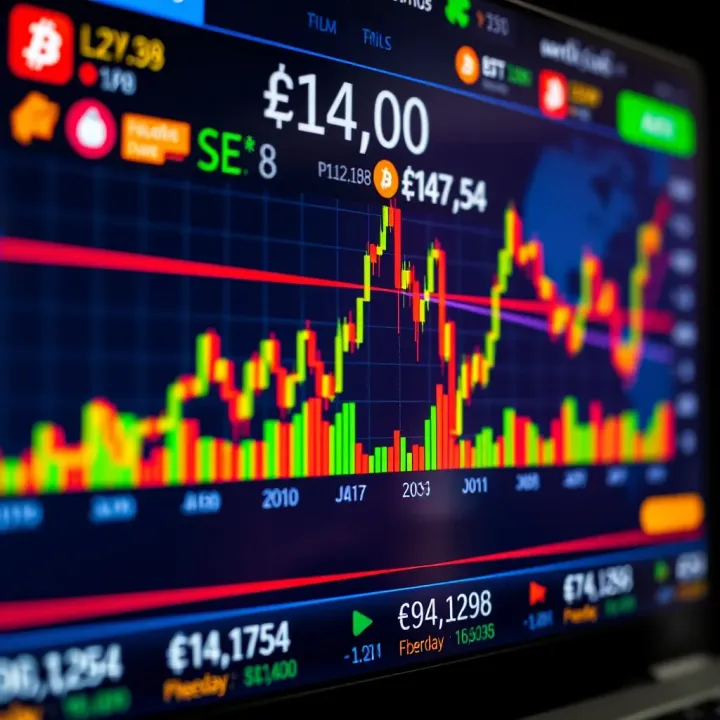 Graph showing Bitcoin price fluctuations with Colombian peso on digital screen