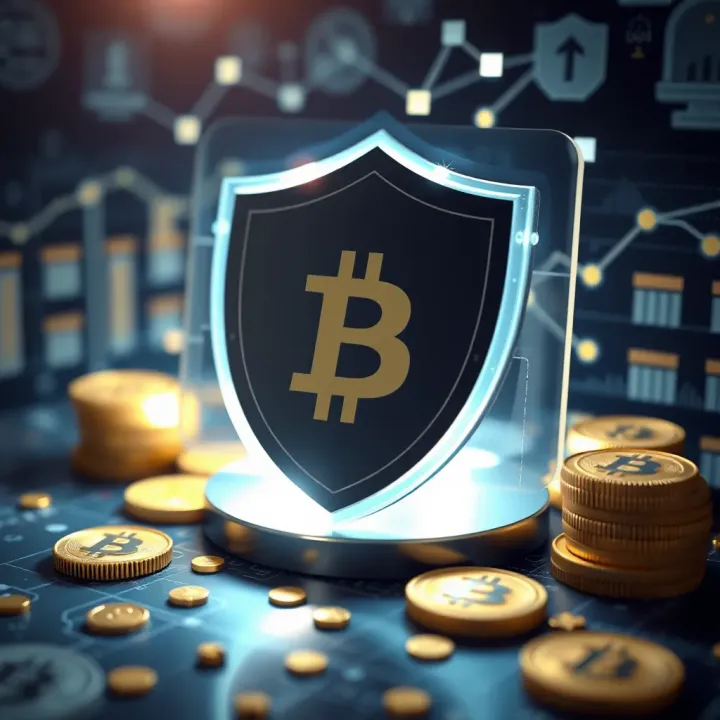 Digital shield symbol protecting cryptocurrency icons representing safe investment practices