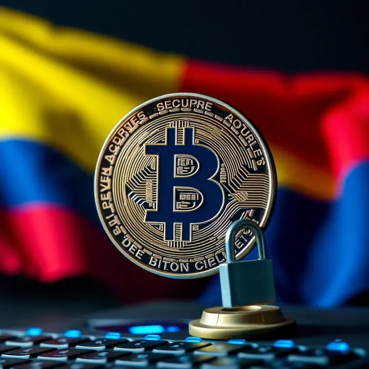 Secure digital transaction concept with Bitcoin symbol and Colombian flag in background