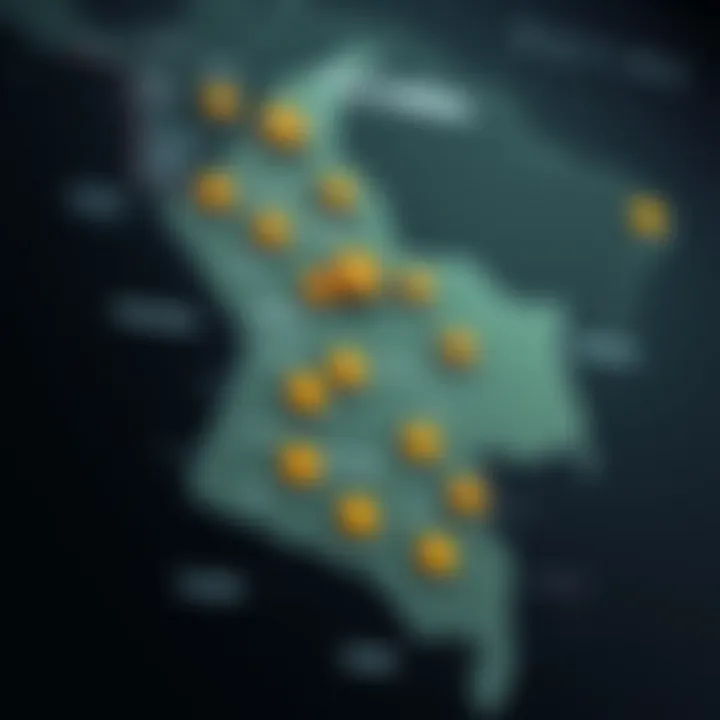 Map of Colombia highlighting regions with high bitcoin adoption and popular exchange platforms