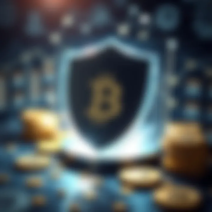 Cryptocurrency Protection and Security Measures Digital shield symbol protecting cryptocurrency icons representing safe investment practices