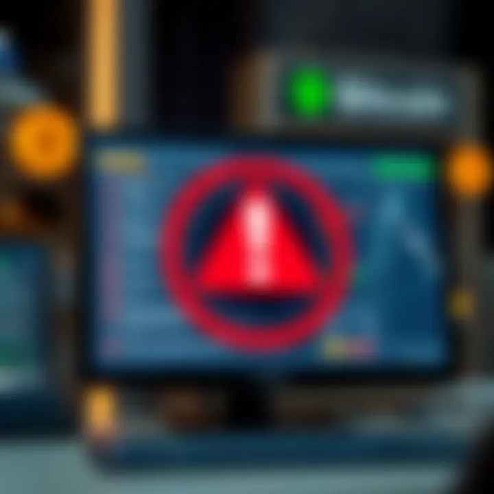 Identifying Warning Signs of Cryptocurrency Fraud Illustration of a computer screen displaying warning signs and a suspicious cryptocurrency platform interface