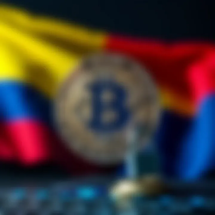 Secure digital transaction concept with Bitcoin symbol and Colombian flag in background