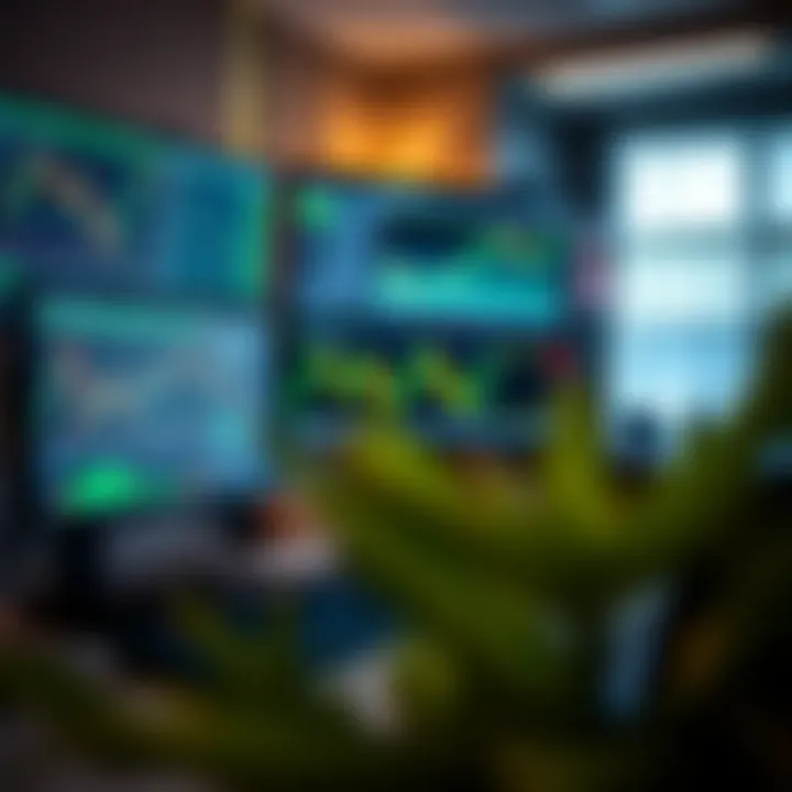 High performance computer setup with multiple monitors displaying trading charts and financial data