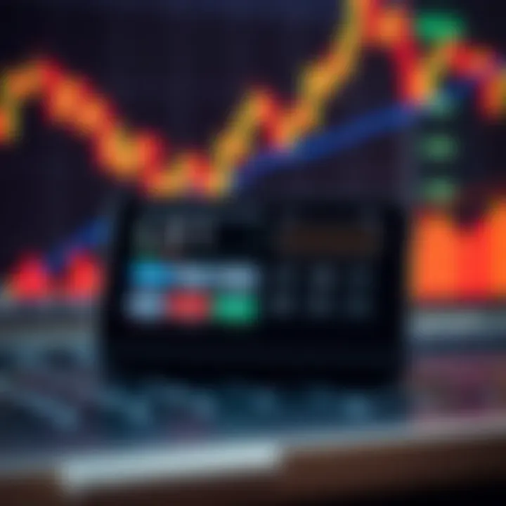 Digital calculator displaying trading lot sizes with candlestick chart in the background
