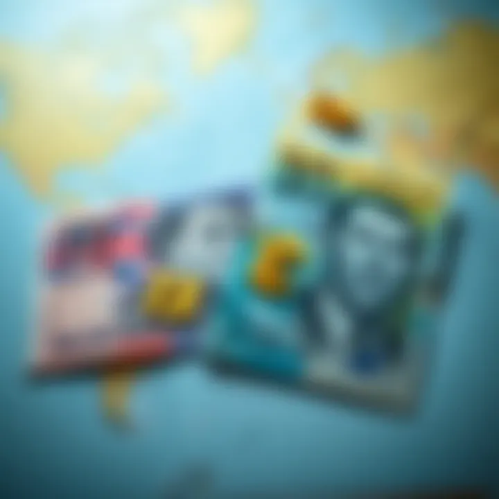 Comparison of Australian Dollar and Colombian Peso Banknotes Australian dollar and Colombian peso banknotes side by side with currency symbols over a world map background