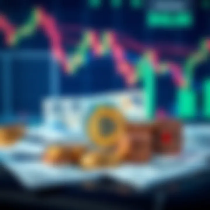 Euro currency notes and coins with a backdrop of a fluctuating financial chart