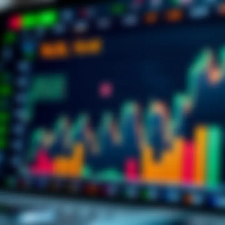 Graph depicting financial market trends alongside icons representing stocks, currencies, and user interaction