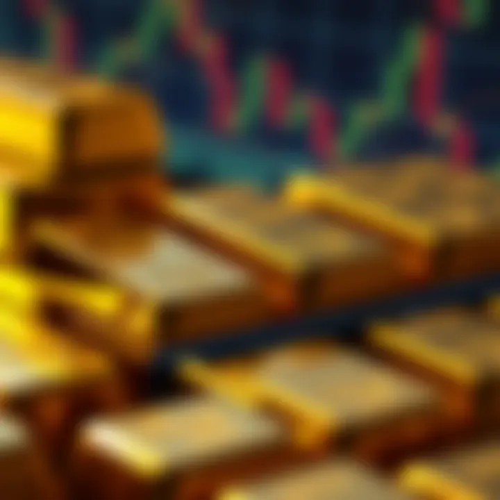 Close-up of gold bars stacked with a financial chart overlay