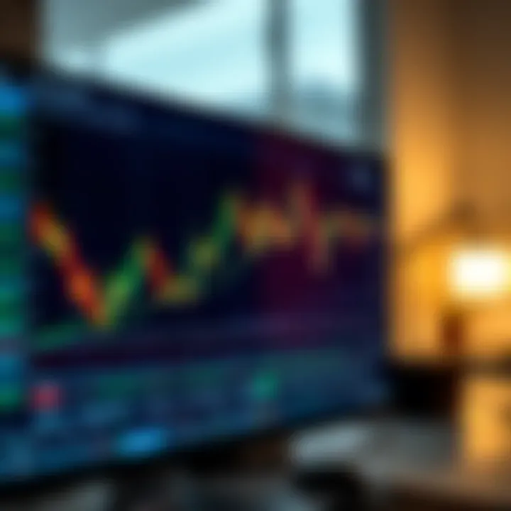 Trading platform interface showing charts and financial indicators on a digital screen