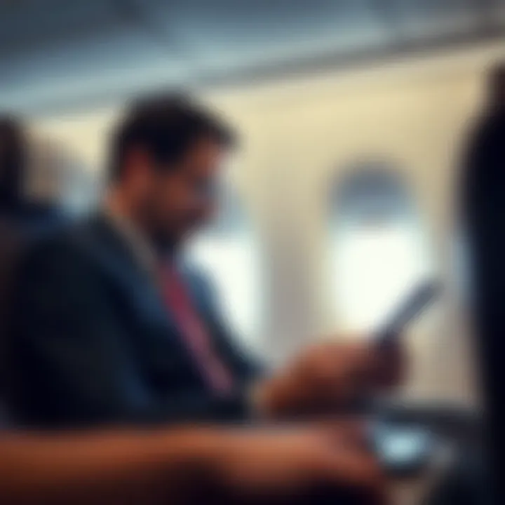 Passenger reviewing AtlasGlobal airline services on a digital device