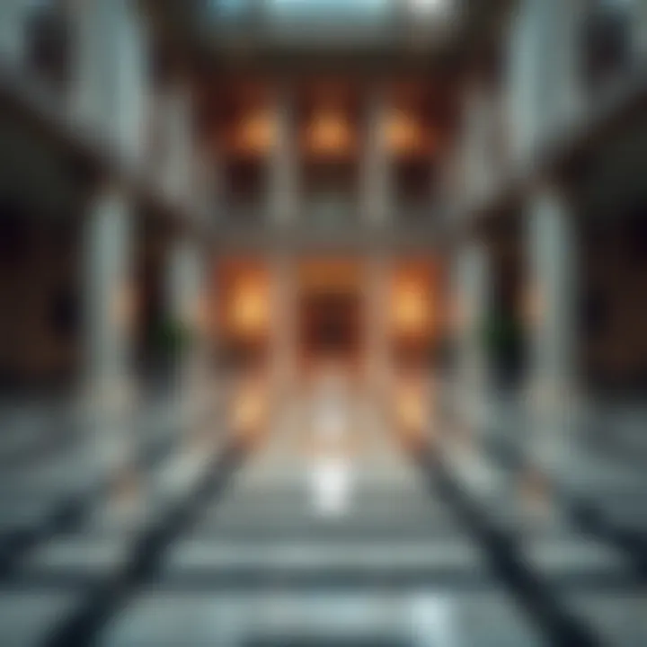 Illustration of a formal administrative building with pathways indicating entry routes