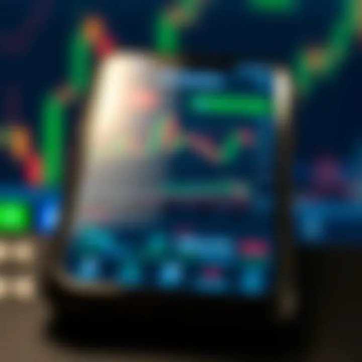 Mobile phone displaying a trading application interface with charts and asset prices