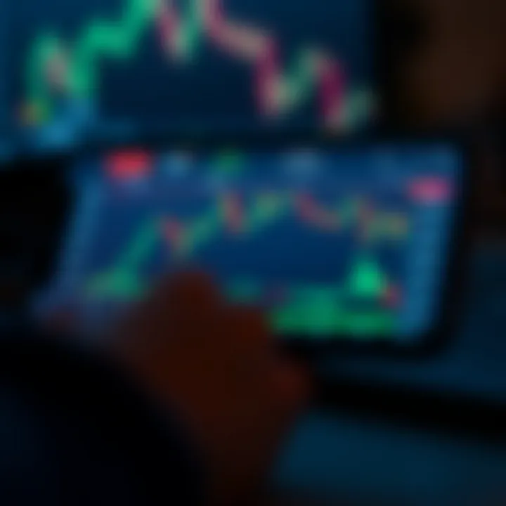 Mobile phone screen displaying a trading application with stock charts and financial data
