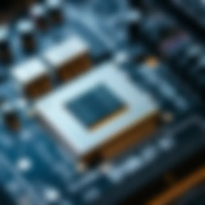 Close-up view of a powerful processor chip and high-capacity RAM modules on a motherboard