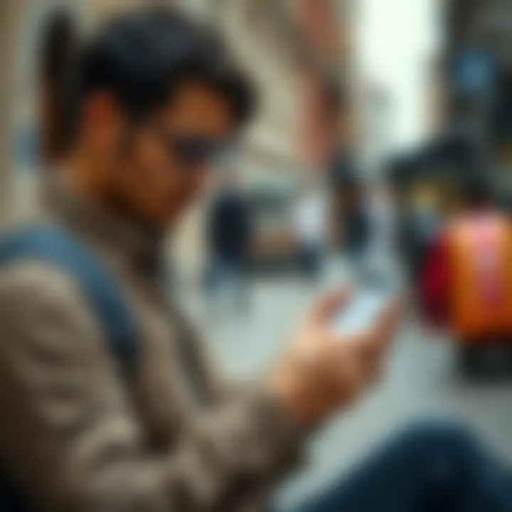 Checking Foreign Currency Rates with Mobile App Traveler using a smartphone app to check foreign currency rates while planning a trip