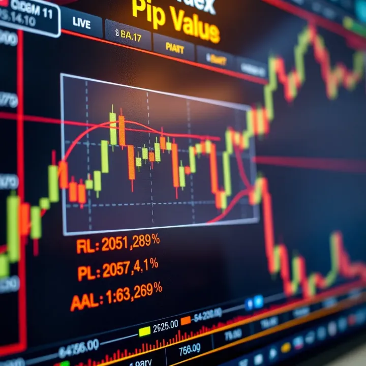 Forex trading chart showing currency pairs and pip value calculations on a digital interface