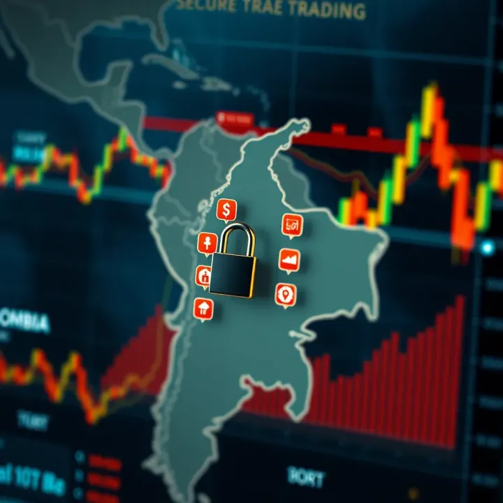 Map of Colombia highlighting financial market activity with icons representing secure online trading