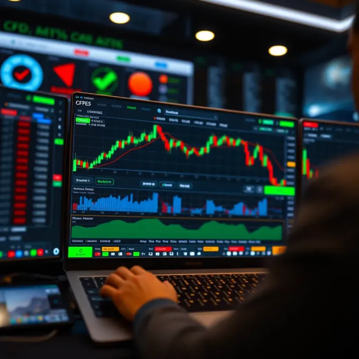 Overview of a digital platform displaying various CFD trading options including charts and asset categories