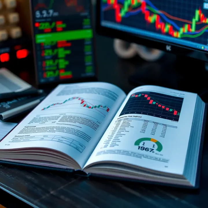 Open book displaying trading charts and financial data on the pages