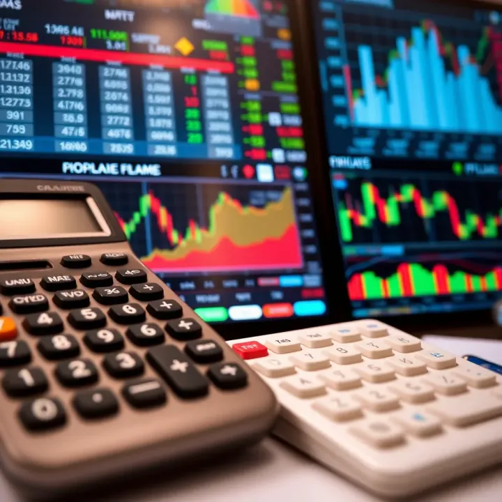 Financial analytics dashboard showing trading calculations and data charts