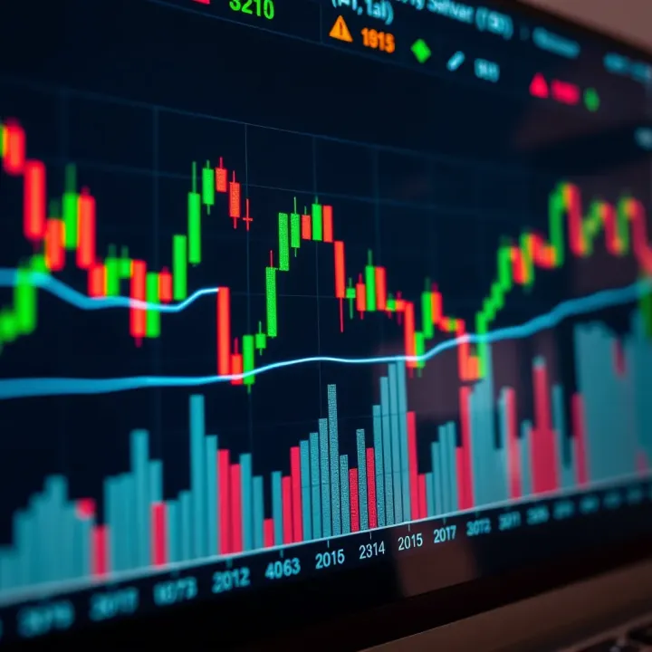 Technical Indicators and Tools on Trading Chart Technical tools and indicators overlay on a financial chart showing trend lines and volume