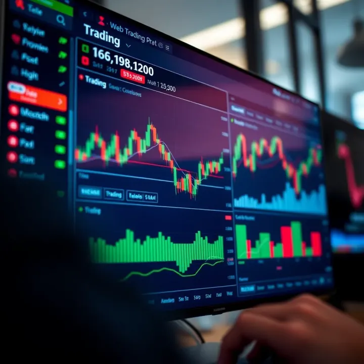 Interface of a web-based trading platform displaying various financial charts and trading options