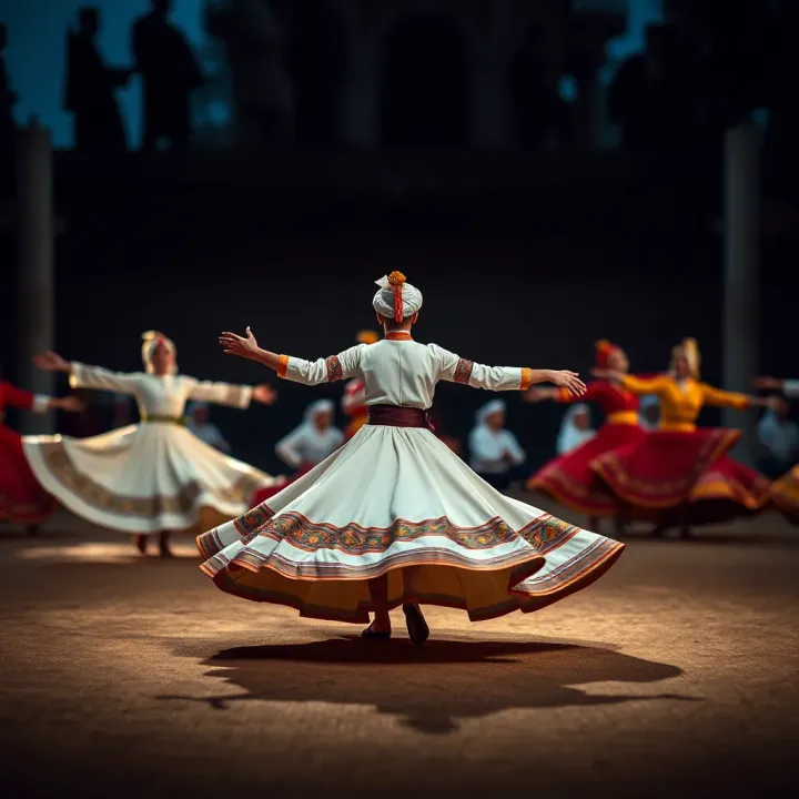 Spiritual dervishes performing traditional whirling dance in a serene setting