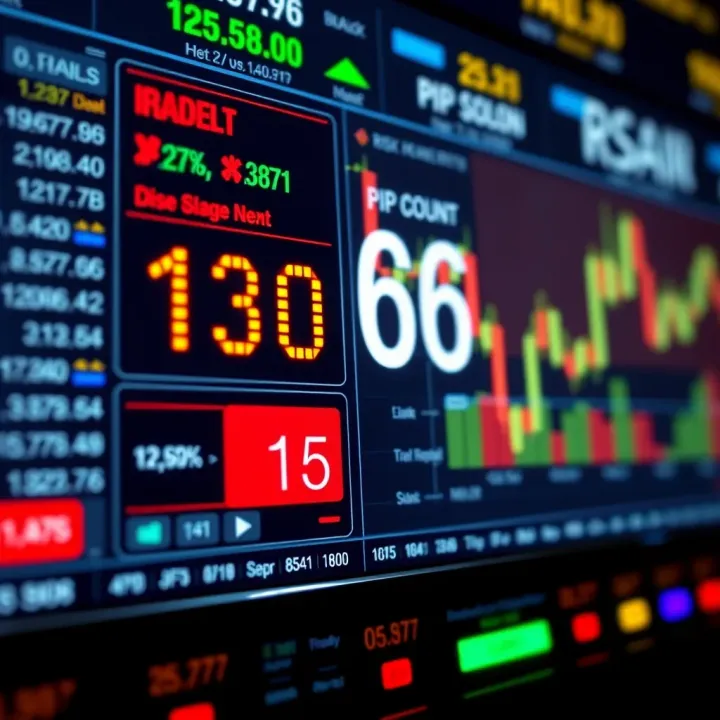 Digital Interface Displaying Pip Count and Risk Management Tools Digital interface displaying pip count data and risk management tools for Forex traders