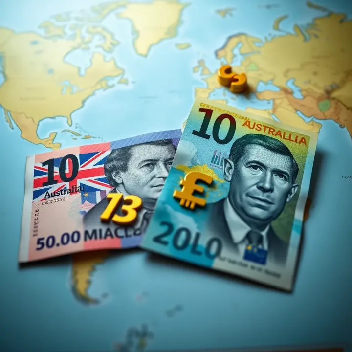 Australian dollar and Colombian peso banknotes side by side with currency symbols over a world map background