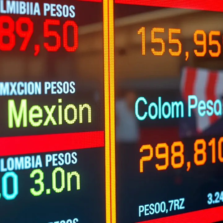 Currency exchange rates displayed on a digital board showing Mexican pesos and Colombian pesos