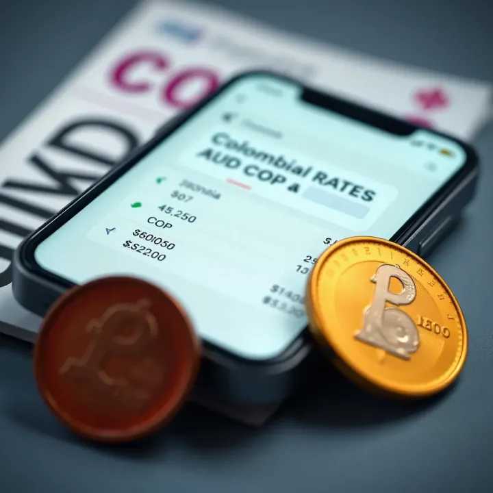Close-up of a mobile phone displaying currency exchange rates with a Colombian peso and Australian dollar coins next to it