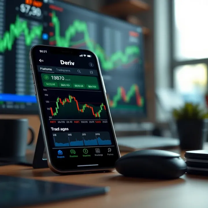 Mobile device displaying financial trading platform interface with charts and asset options