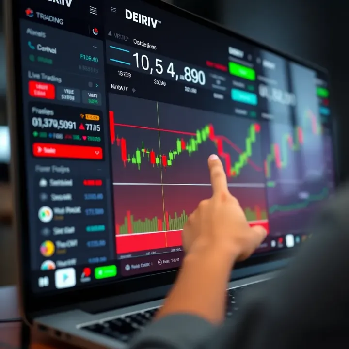 User interface of Deriv platform displaying live trading options with financial charts