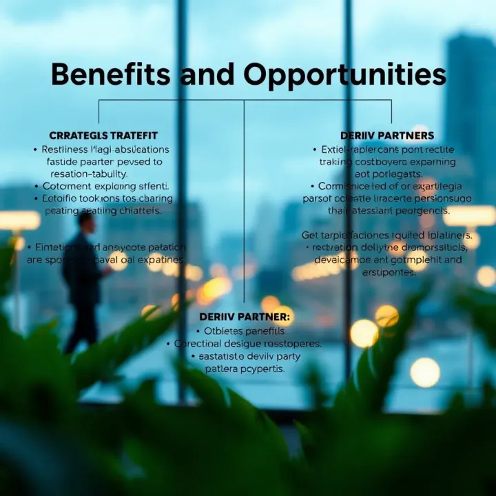 Benefits and Opportunities of Deriv Partner Strategic Alliance Visual representation of strategic partnership benefits and business expansion opportunities