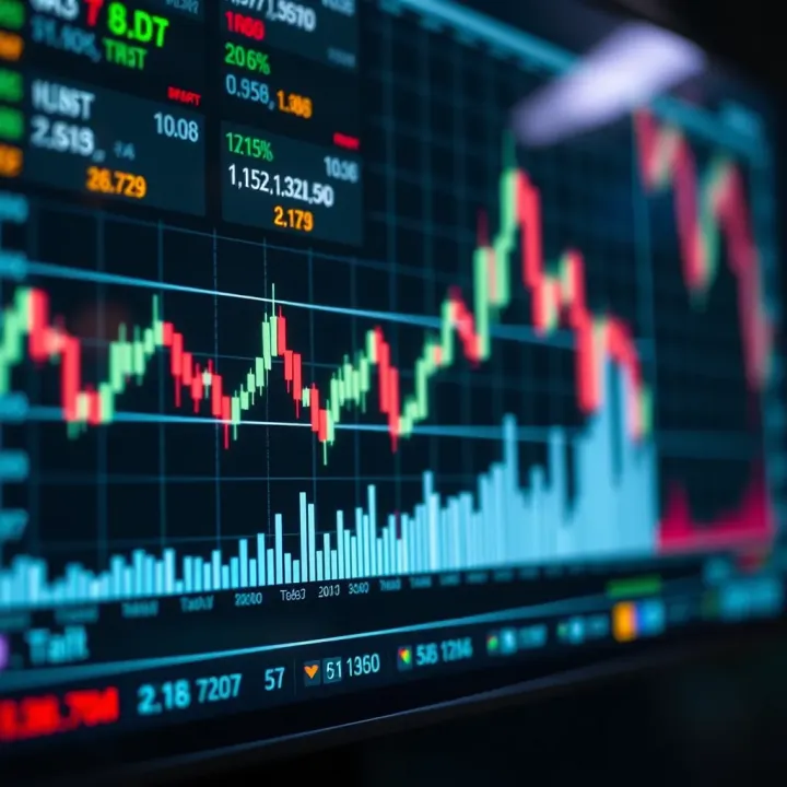 Graph showing upward and downward market trends with trading indicators