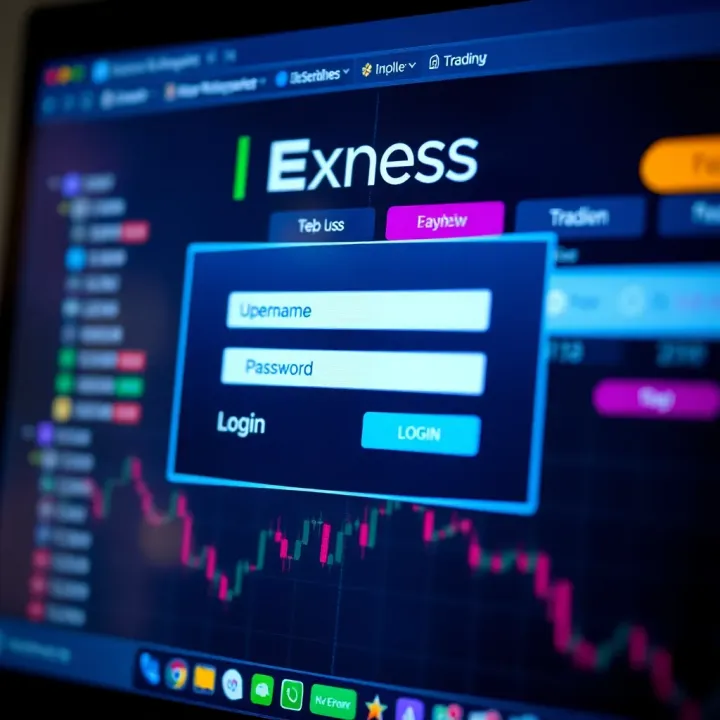 Secure login interface of the Exness trading platform showing fields for username and password