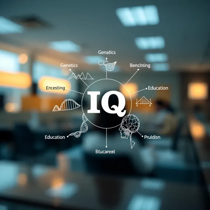Diagram illustrating factors influencing IQ such as genetics, environment, and education