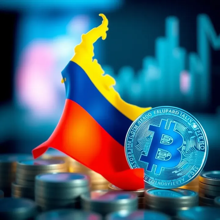 Illustration of financial growth with Colombian flag and digital currency symbols