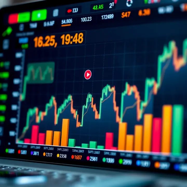 Financial Market Trends and Asset Types in Trading Graph depicting financial market trends alongside icons representing stocks, currencies, and user interaction