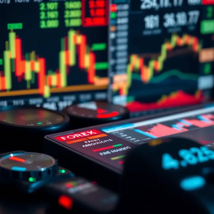 Collection of forex trading tools including charts, currency symbols, and technical indicators
