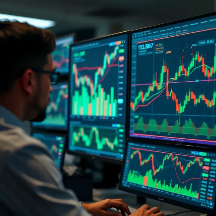 Detailed financial market charts and data analysis on computer screens