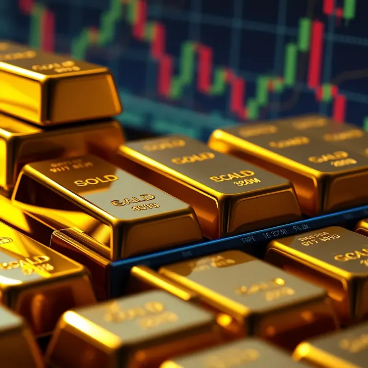 Close-up of gold bars stacked with a financial chart overlay