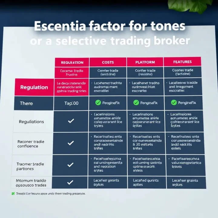 Essential Factors for Selecting a Reliable Trading Broker Comparison chart showing key factors to consider when choosing a trading broker including regulation, costs, and platform features