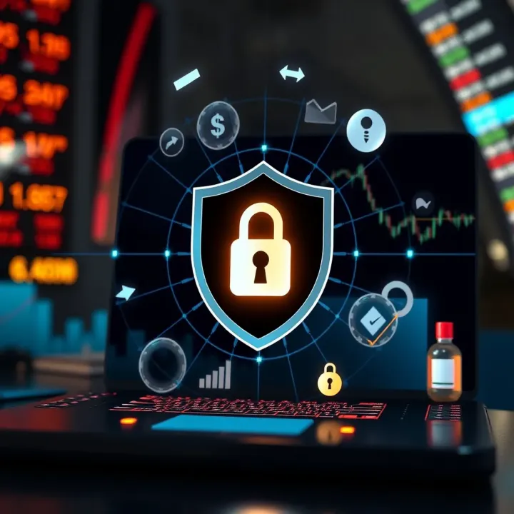 Conceptual graphic depicting secure online trading with shield and financial icons