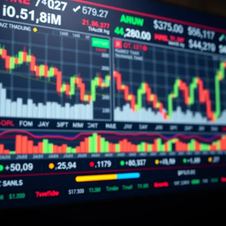 Illustration of a digital trading platform interface showing stock charts and investment options