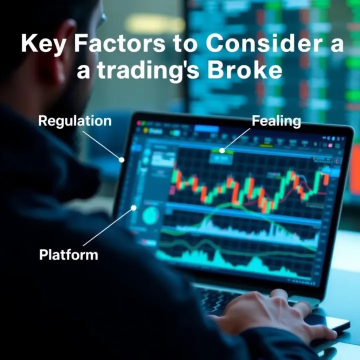 Illustration showing key factors to consider when selecting a trading broker including regulation, fees, and platform features