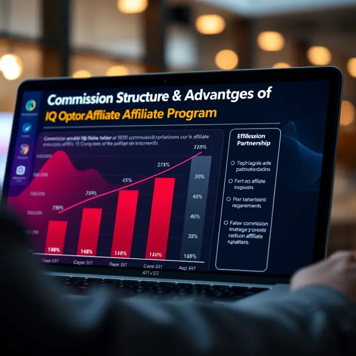 Commission Structure and Advantages of Joining IQ Option Affiliate Program Graphic showing commission growth and affiliate partnership benefits