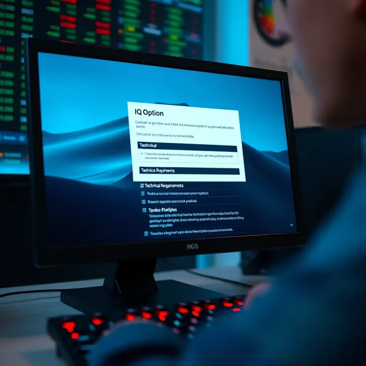 Computer desktop with IQ Option installation window open and technical requirements checklist visible