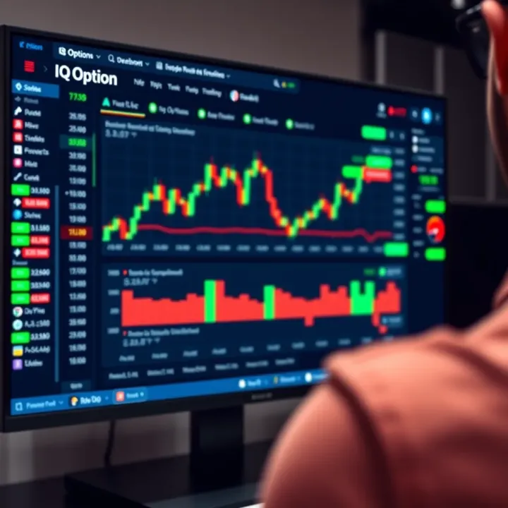 Dashboard view of IQ Option platform showing various financial instruments and trading options